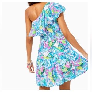 Lilly Pulitzer One-Shoulder Ruffled Dress in Aqua, Pink & Lime